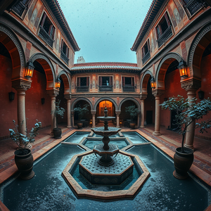 minimalist design, a Moroccan riad courtyard with fountain, during a storm, with snow falling, deep rich jewel tones, fish-eye lens, dramatic side lighting, ultra high resolution, dramatic and powerful