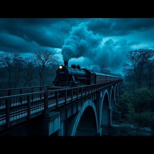 cinematic shot, a vintage steam train on a bridge, during a storm, with clear blue sky, cool blue tones, aerial drone perspective, dappled light through trees, 8K UHD, dark and moody