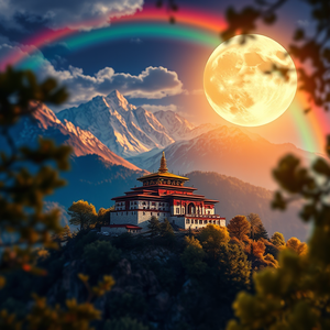 anime style, a Tibetan monastery in mountains, under a full moon, with rainbow in background, vibrant saturated colors, tilt-shift miniature effect, dappled light through trees, masterpiece quality, romantic and dreamy