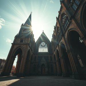 cinematic shot, an abandoned Gothic cathedral, at midday, with gentle breeze, muted earth tones, low angle dramatic perspective, volumetric light rays, masterpiece quality, awe-inspiring and grand
