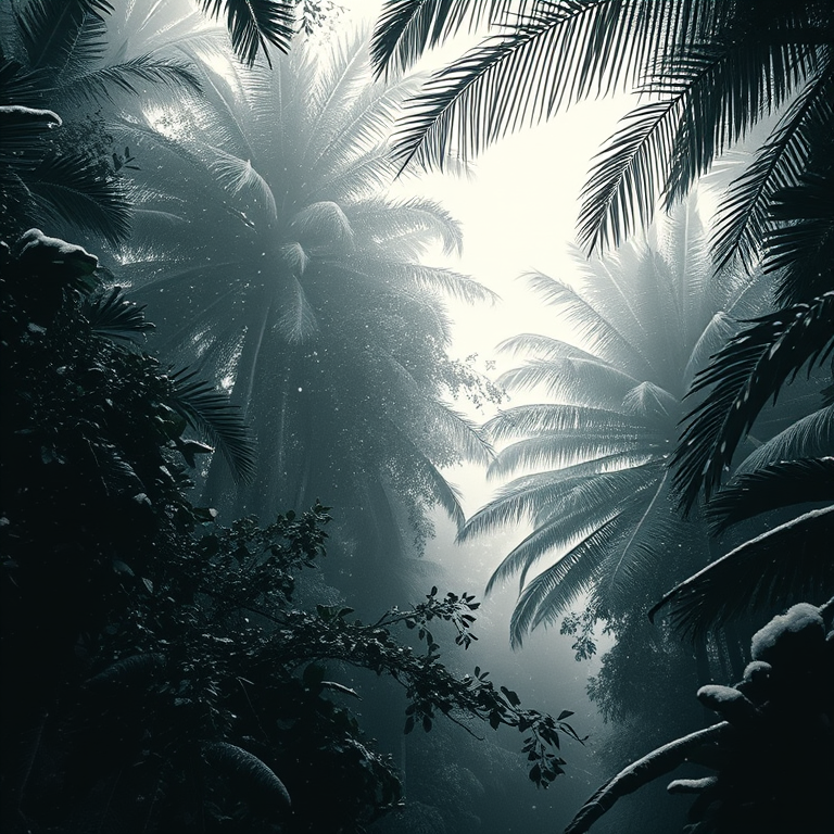 retro vintage photo, a tropical rainforest canopy, in early morning mist, with snow falling, monochrome black and white, close-up detail shot, rim lighting, sharp focus, whimsical and playful
