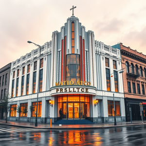 pencil sketch, an art deco building facade, at sunrise, with rain reflections, pastel soft colors, telephoto compression, dramatic side lighting, 8K UHD, dramatic and powerful