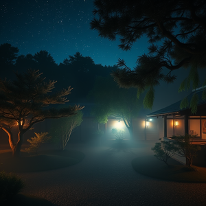 cinematic shot, a Japanese zen garden, at night under stars, with fog rolling in, deep rich jewel tones, telephoto compression, dappled light through trees, ultra high resolution, melancholic and contemplative