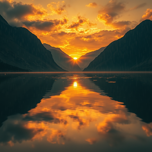 digital art, a serene lake reflecting mountains, at sunset, with rain reflections, golden warm palette, low angle dramatic perspective, soft diffused lighting, sharp focus, melancholic and contemplative