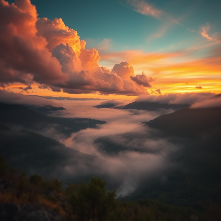retro vintage photo, a misty river valley at dawn, at sunset, with dramatic cloud formations, vibrant saturated colors, tilt-shift miniature effect, natural light, highly detailed, awe-inspiring and grand