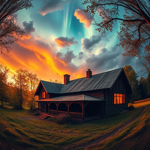 oil painting, a rustic farmhouse at golden hour, during a storm, with aurora in sky, warm tones, fish-eye lens, dappled light through trees, ultra high resolution, awe-inspiring and grand