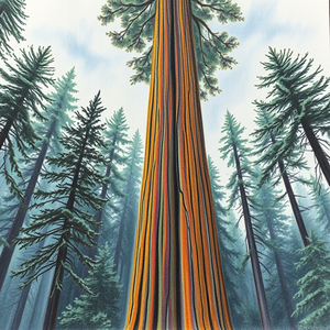 pencil sketch, a towering redwood forest, during a storm, with lightning in distance, vibrant saturated colors, close-up detail shot, dramatic side lighting, highly detailed, energetic and vibrant