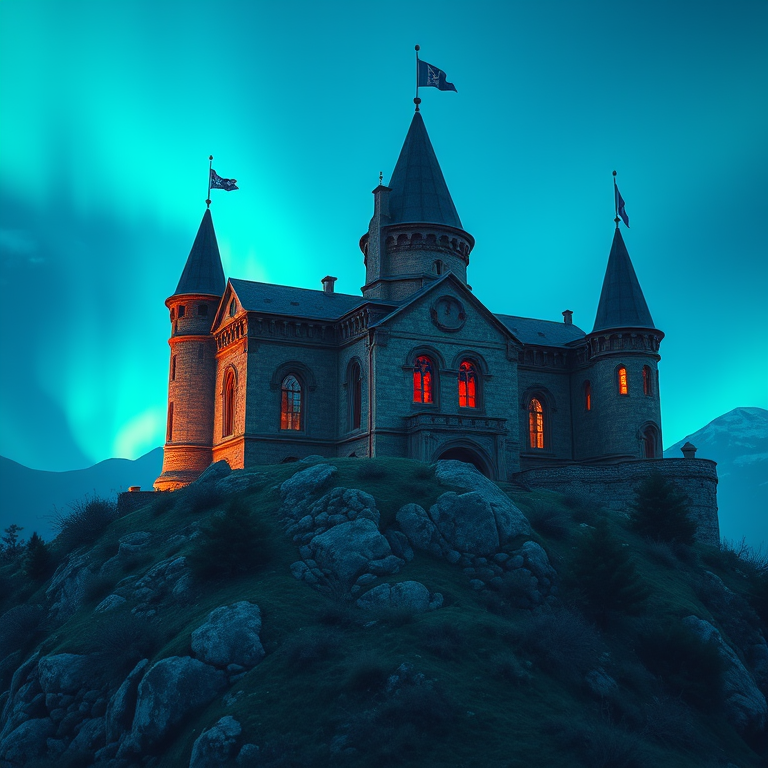 3D render, an ancient castle on a hilltop, at blue hour, with aurora in sky, teal and orange, macro extreme close-up, dramatic side lighting, sharp focus, romantic and dreamy