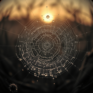 impressionist painting, a macro shot of morning dew on spider web, during golden hour, with misty atmosphere, monochrome black and white, fish-eye lens, dramatic side lighting, award-winning composition, dramatic and powerful