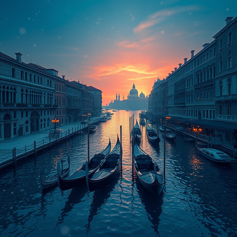 3D render, a Venetian canal with gondolas, at sunset, with snow falling, cool blue tones, panoramic view, moody atmospheric lighting, RAW photo, dramatic and powerful