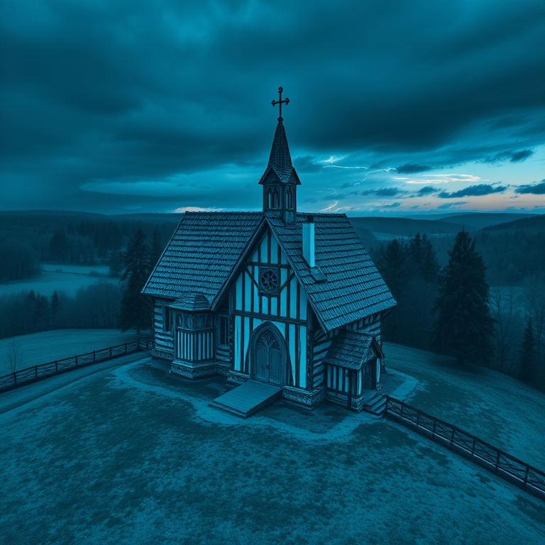 charcoal drawing, a Northern European stave church, during twilight, with lightning in distance, cool blue tones, aerial drone perspective, soft diffused lighting, professional photography, dark and moody