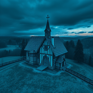 charcoal drawing, a Northern European stave church, during twilight, with lightning in distance, cool blue tones, aerial drone perspective, soft diffused lighting, professional photography, dark and moody