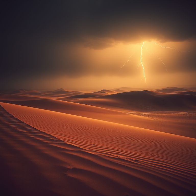 retro vintage photo, a vast desert with sand dunes, in early morning mist, with lightning in distance, deep rich jewel tones, low angle dramatic perspective, backlit with sun flare, professional photography, peaceful and serene