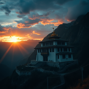cinematic shot, a Tibetan monastery in mountains, at sunrise, with lightning in distance, deep rich jewel tones, fish-eye lens, backlit with sun flare, sharp focus, mysterious and ethereal