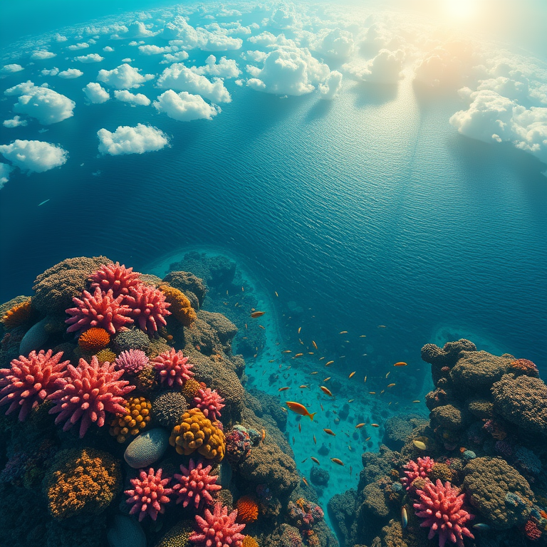 3D render, a colorful coral reef with tropical fish, at midday, with dramatic cloud formations, cool blue tones, aerial drone perspective, backlit with sun flare, professional photography, awe-inspiring and grand