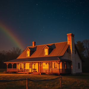 retro vintage photo, a rustic farmhouse at golden hour, at night under stars, with rainbow in background, warm tones, telephoto compression, soft diffused lighting, RAW photo, cozy and warm