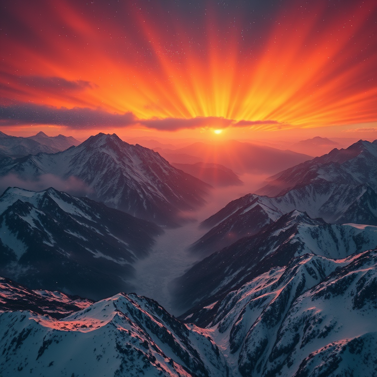 cinematic shot, a meteor shower over mountains, at dawn, with snow falling, deep rich jewel tones, bird eye view, volumetric light rays, masterpiece quality, dramatic and powerful