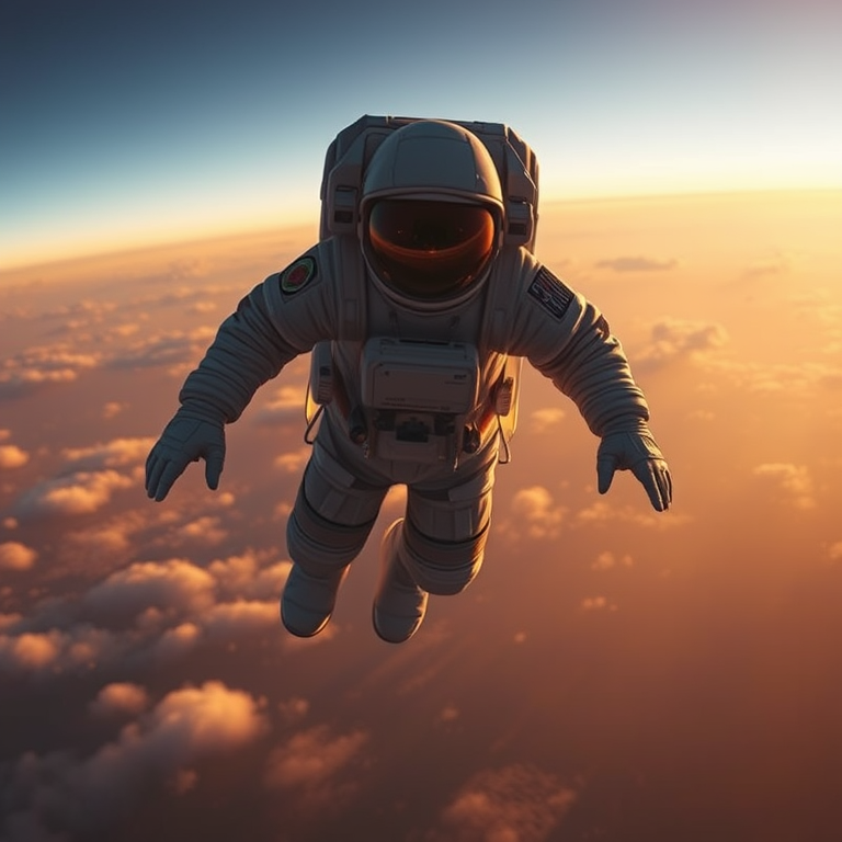 digital art, an astronaut floating above Earth, during twilight, with misty atmosphere, warm tones, panoramic view, natural light, highly detailed, energetic and vibrant