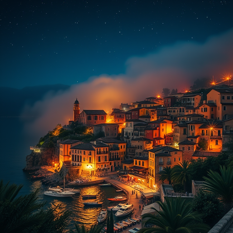 digital art, a Mediterranean coastal town, at night under stars, with fog rolling in, warm tones, low angle dramatic perspective, dramatic side lighting, ultra high resolution, energetic and vibrant