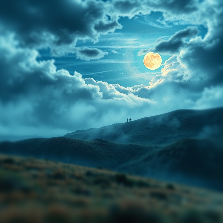 impressionist painting, a misty Scottish highland, under a full moon, with dramatic cloud formations, cool blue tones, tilt-shift miniature effect, soft diffused lighting, 8K UHD, energetic and vibrant
