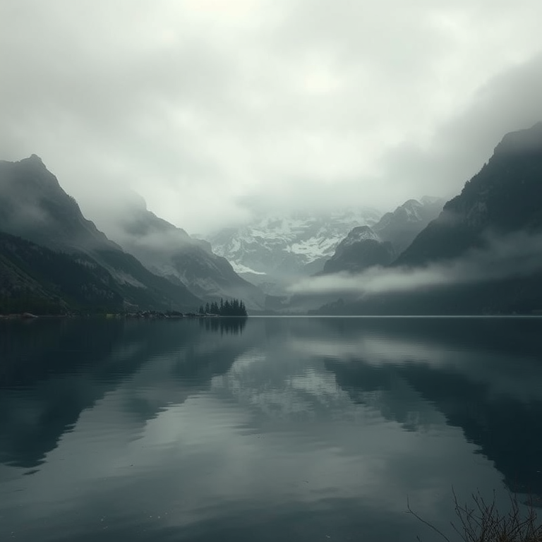 anime style, a serene lake reflecting mountains, at midday, with misty atmosphere, muted earth tones, telephoto compression, dramatic side lighting, RAW photo, dark and moody