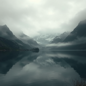 anime style, a serene lake reflecting mountains, at midday, with misty atmosphere, muted earth tones, telephoto compression, dramatic side lighting, RAW photo, dark and moody