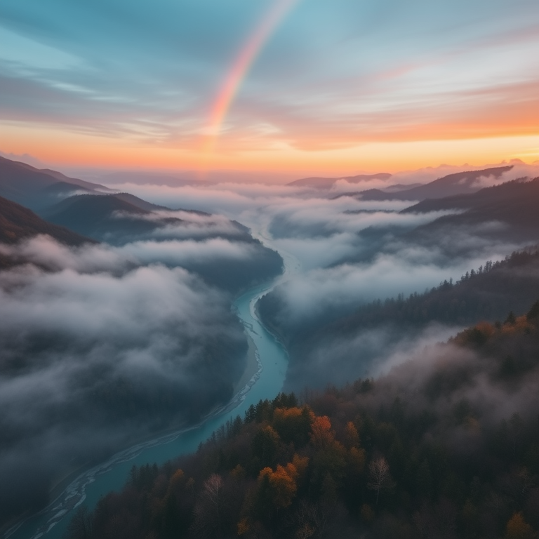 abstract art, a misty river valley at dawn, at midday, with rainbow in background, vibrant saturated colors, bird eye view, studio quality lighting, masterpiece quality, melancholic and contemplative