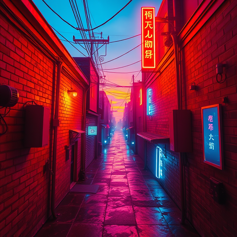 digital art, a neon-lit cyberpunk alleyway, at sunrise, with clear blue sky, golden warm palette, aerial drone perspective, natural light, masterpiece quality, mysterious and ethereal