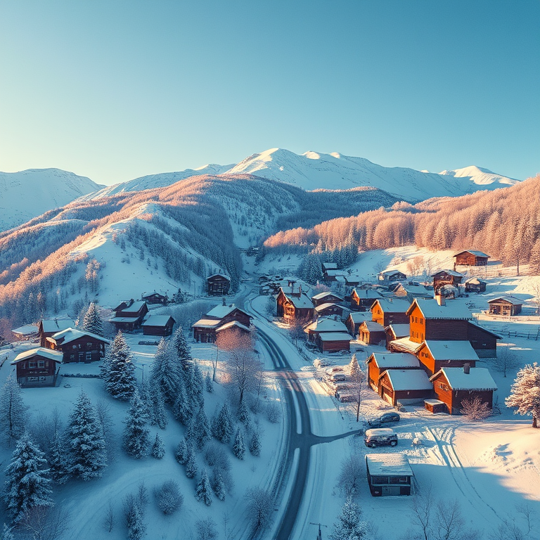 realistic photo, a snowy alpine village, during golden hour, with clear blue sky, pastel soft colors, aerial drone perspective, soft diffused lighting, 8K UHD, mysterious and ethereal