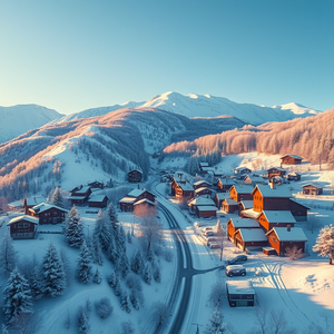 realistic photo, a snowy alpine village, during golden hour, with clear blue sky, pastel soft colors, aerial drone perspective, soft diffused lighting, 8K UHD, mysterious and ethereal