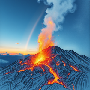 pencil sketch, a volcanic eruption with lava, at dawn, with rainbow in background, cool blue tones, close-up detail shot, backlit with sun flare, RAW photo, romantic and dreamy