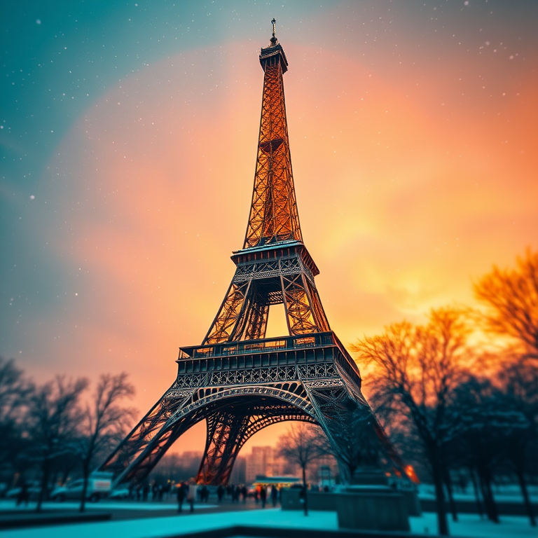 concept art, Paris Eiffel Tower at golden hour, at dawn, with snow falling, teal and orange, tilt-shift miniature effect, rim lighting, photorealistic, energetic and vibrant