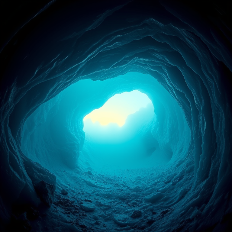 retro vintage photo, an ice cave with blue glacial walls, at dawn, with misty atmosphere, deep rich jewel tones, fish-eye lens, neon glow, highly detailed, romantic and dreamy