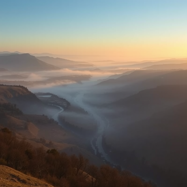 realistic photo, a misty river valley at dawn, during golden hour, with clear blue sky, muted earth tones, panoramic view, moody atmospheric lighting, sharp focus, energetic and vibrant