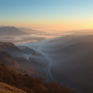 realistic photo, a misty river valley at dawn, during golden hour, with clear blue sky, muted earth tones, panoramic view, moody atmospheric lighting, sharp focus, energetic and vibrant
