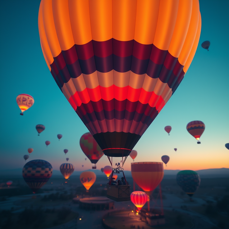 3D render, a colorful hot air balloon festival, at sunset, with clear blue sky, pastel soft colors, aerial drone perspective, moody atmospheric lighting, masterpiece quality, mysterious and ethereal
