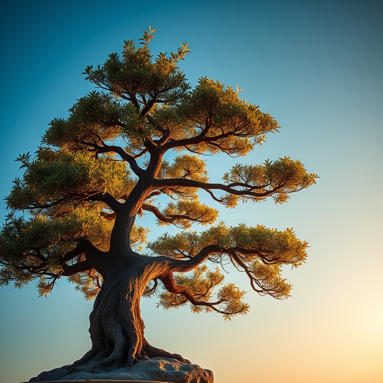 oil painting, a bonsai tree close-up, at dawn, with clear blue sky, golden warm palette, telephoto compression, dramatic side lighting, ultra high resolution, dramatic and powerful