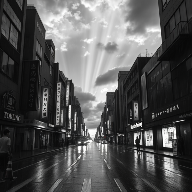 hyper-realistic render, a rain-soaked Tokyo street at night, at sunrise, with dramatic cloud formations, monochrome black and white, close-up detail shot, volumetric light rays, professional photography, peaceful and serene