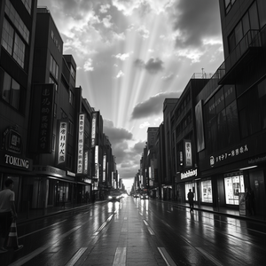 hyper-realistic render, a rain-soaked Tokyo street at night, at sunrise, with dramatic cloud formations, monochrome black and white, close-up detail shot, volumetric light rays, professional photography, peaceful and serene
