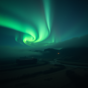 realistic photo, a northern lights aurora display, at midday, with rainbow in background, muted earth tones, bird eye view, moody atmospheric lighting, masterpiece quality, melancholic and contemplative