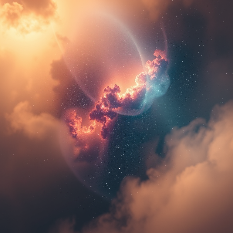 watercolor painting, a deep space nebula with stars, at dawn, with misty atmosphere, muted earth tones, bird eye view, rim lighting, 8K UHD, romantic and dreamy