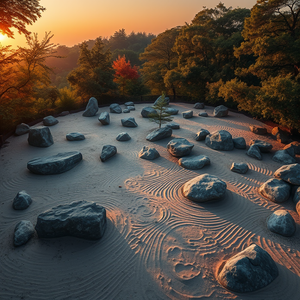 oil painting, a zen rock garden with raked sand, during twilight, with gentle breeze, warm tones, aerial drone perspective, dappled light through trees, 8K UHD, mysterious and ethereal