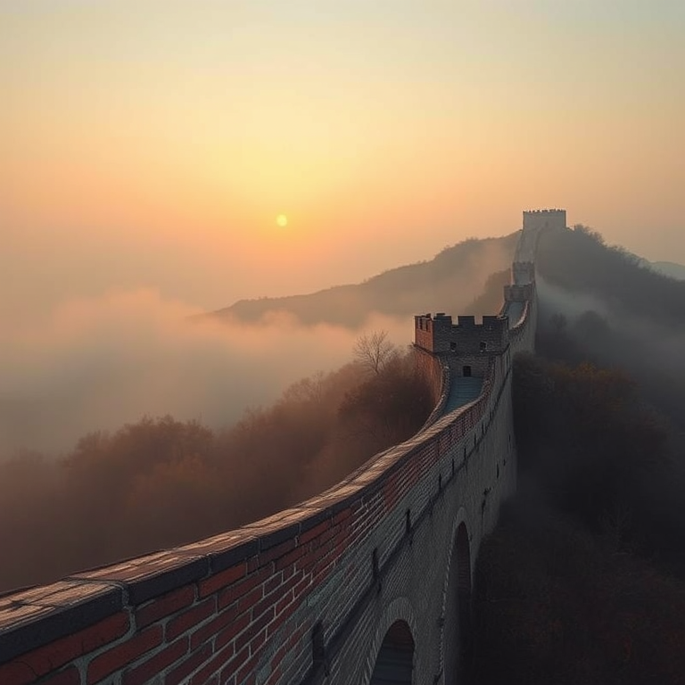 retro vintage photo, the Great Wall of China at sunset, in early morning mist, with misty atmosphere, vibrant saturated colors, wide angle view, moody atmospheric lighting, award-winning composition, whimsical and playful