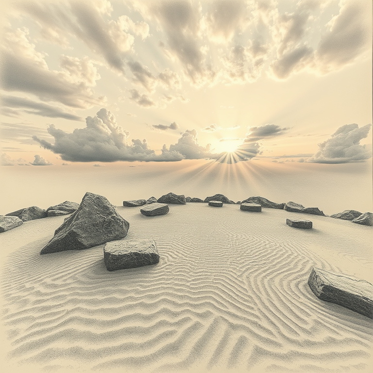 pencil sketch, a zen rock garden with raked sand, at sunrise, with dramatic cloud formations, muted earth tones, bird eye view, volumetric light rays, photorealistic, melancholic and contemplative