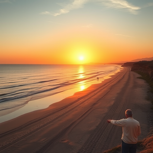 realistic photo of art nature with sea, sandy beach with people, coastal landscape with land and shoreline, taken during sunrise with the sunrise itself visible