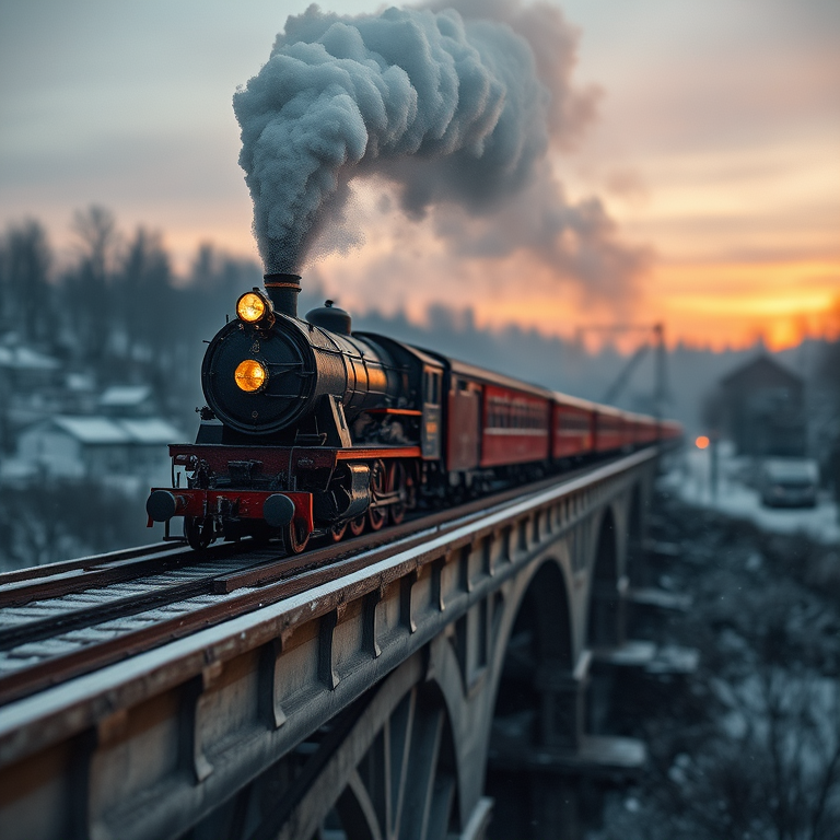 watercolor painting, a vintage steam train on a bridge, during twilight, with snow falling, deep rich jewel tones, tilt-shift miniature effect, soft diffused lighting, ultra high resolution, melancholic and contemplative