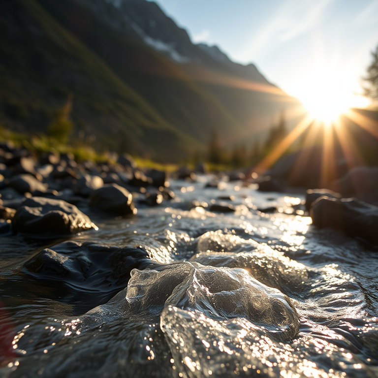 cinematic shot, a crystal clear mountain stream, at sunrise, with rainbow in background, high contrast, close-up detail shot, natural light, professional photography, peaceful and serene