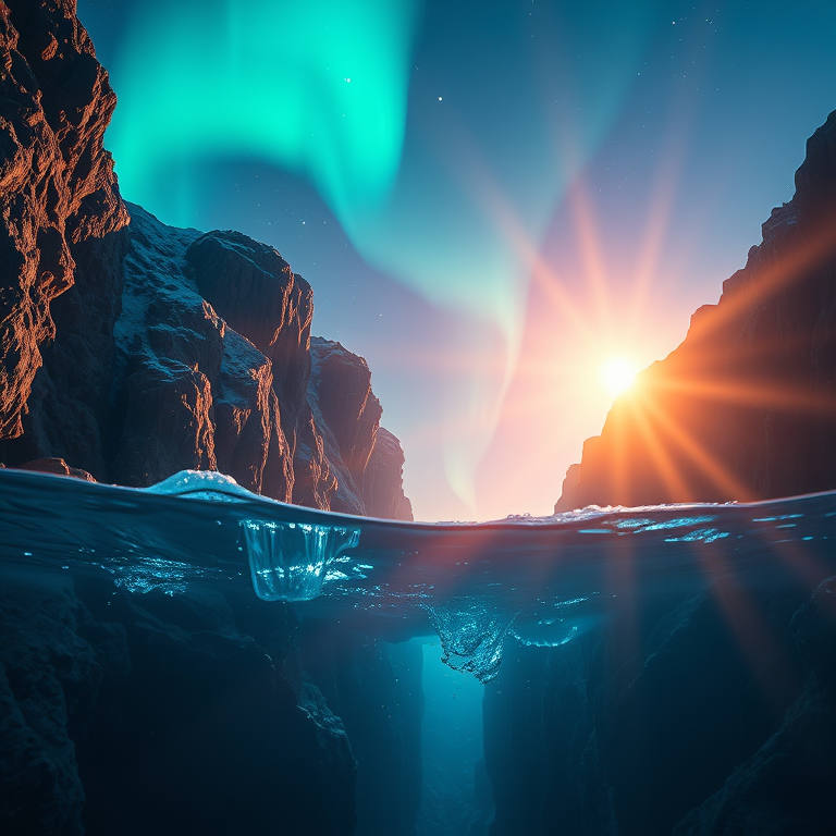 concept art, a deep ocean trench scene, at blue hour, with aurora in sky, vibrant saturated colors, low angle dramatic perspective, backlit with sun flare, sharp focus, awe-inspiring and grand