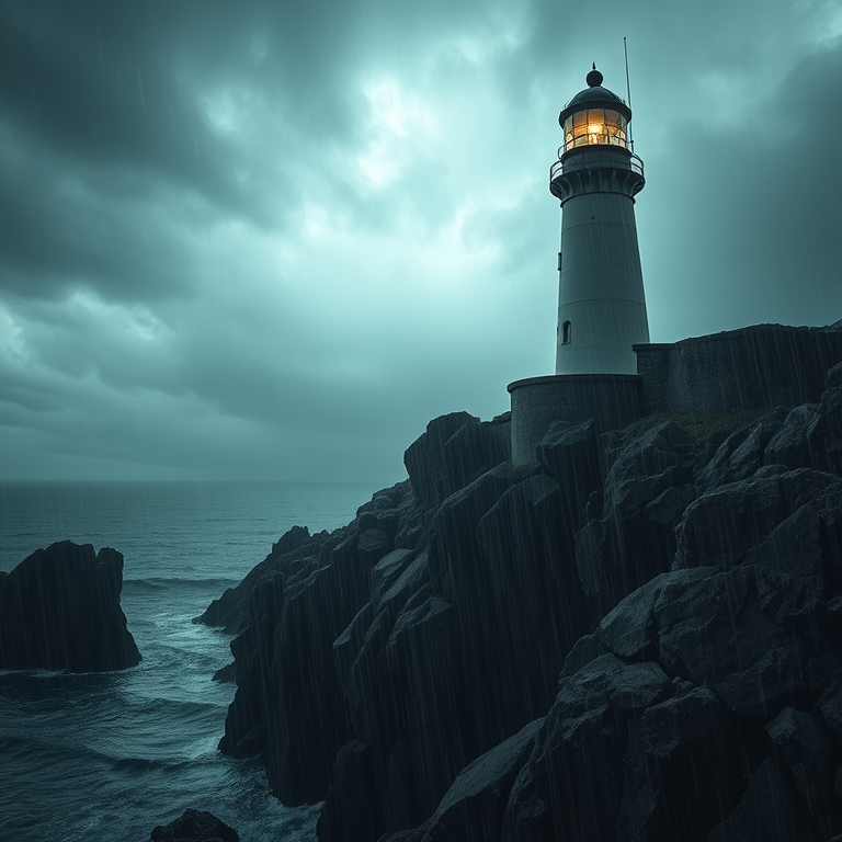 cinematic shot, a lighthouse on rocky cliffs, during a storm, with rain reflections, deep rich jewel tones, low angle dramatic perspective, volumetric light rays, photorealistic, romantic and dreamy