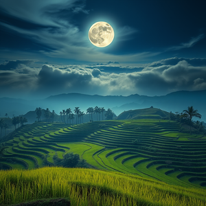 digital art, a terraced rice paddy in Bali, under a full moon, with dramatic cloud formations, pastel soft colors, wide angle view, studio quality lighting, sharp focus, peaceful and serene